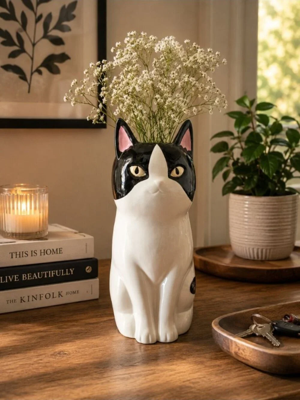 New Black & White Kitty Cat Animal Decorative Flower Table Vase Room Decor
